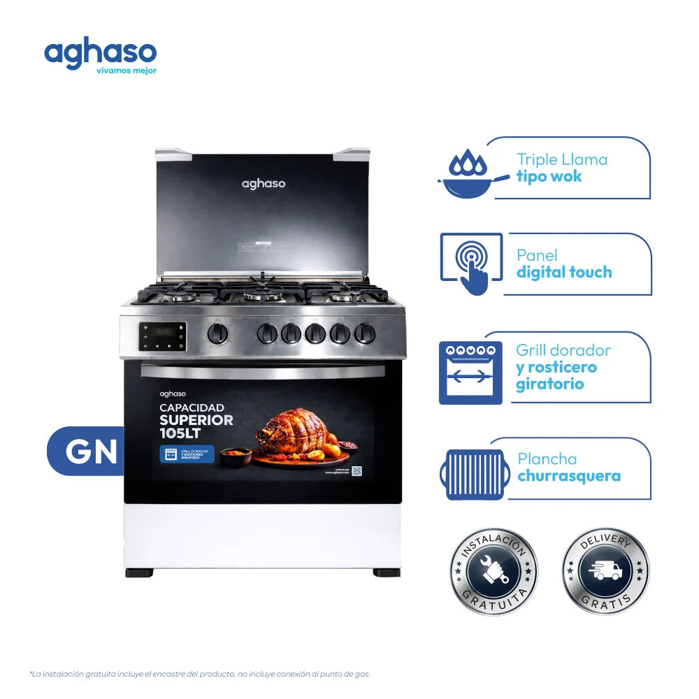 Combo Cocina Digital 5 Hornillas + Campana Chimenea Touch 60 cm Aghaso | Gas Natural