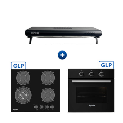 Tricombo Campana Extractora Black 60 cm + Encimera Compacta GLP 60 cm + Horno Empotrable 4 Funciones 60 L Aghaso