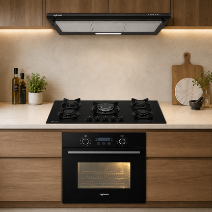 Tricombo Campana Extractora Black 90 cm + Encimera de Vidrio GN 90 cm + Horno Eléctrico 8 Funciones 60 L Aghaso