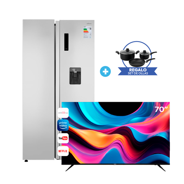 Duo Perfecto: Refrigeradora Side by Side 511 L ++ TV 70" Aghaso 4K Sin Bordes