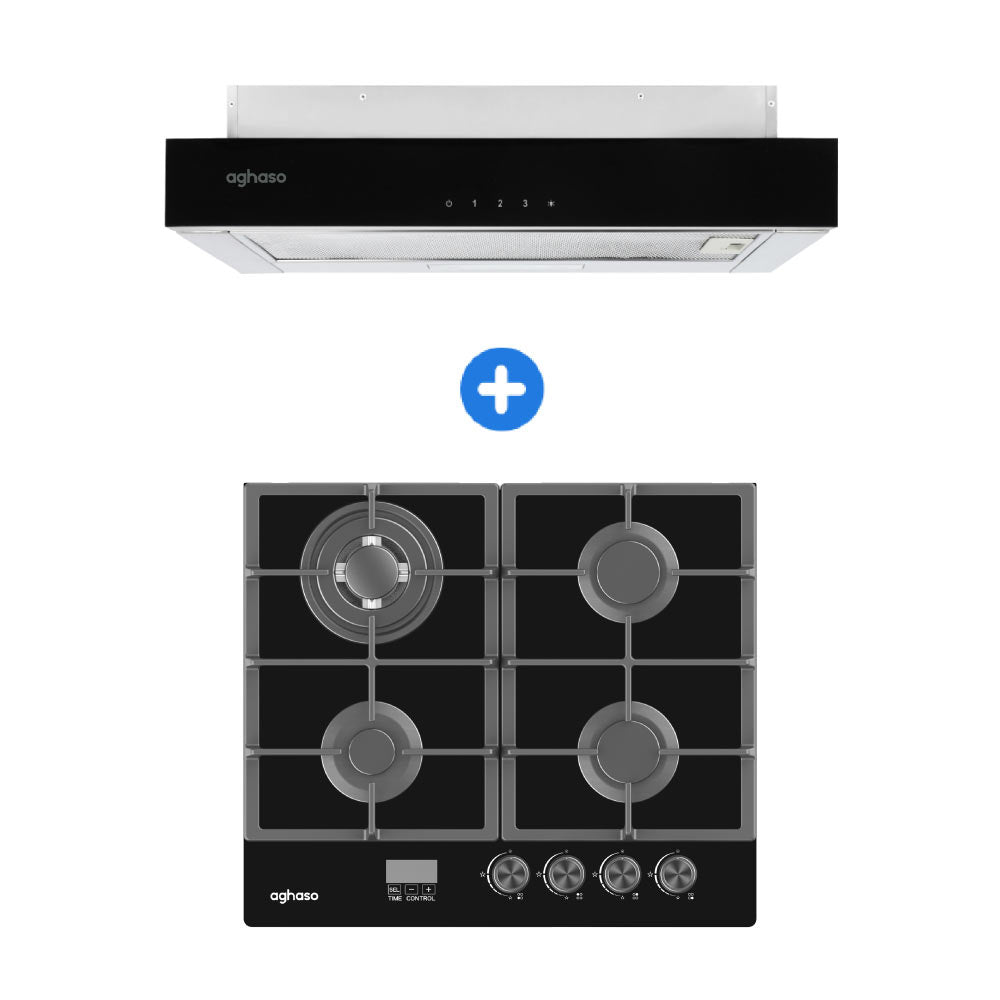 COMBO: ENCIMERA AGHASO MESA VIDRIO 60 CM COMPACTA GLP + CAMPANA EXTRAIBLE PREMIUM 60 CM