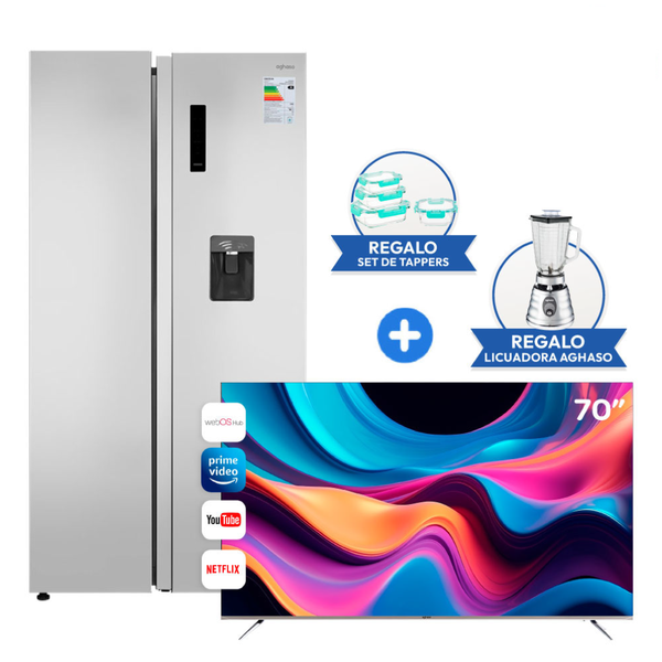 DUO PERFECTO: REFRIGERADORA SIDE BY SIDE 511 L + TV 70" AGHASO 4K SIN BORDES