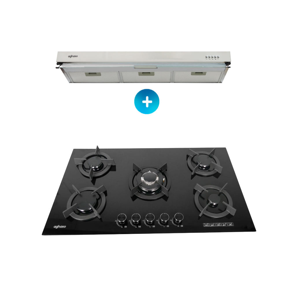 COMBO: ENCIMERA AGHASO MESA VIDRIO 90 CM MODULAR GLP + CAMPANA EXTRACTORA 90 CM